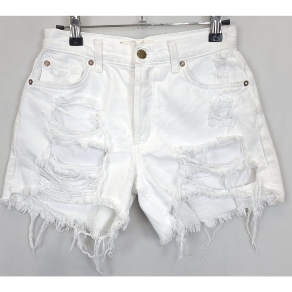 We The Free Pants - We The Free Button Fly Jean Shorts Ripped Frayed Mid Rise Women 24‎ White Denim